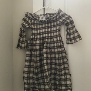 Off the shoulder cotton cream and brown plaid top